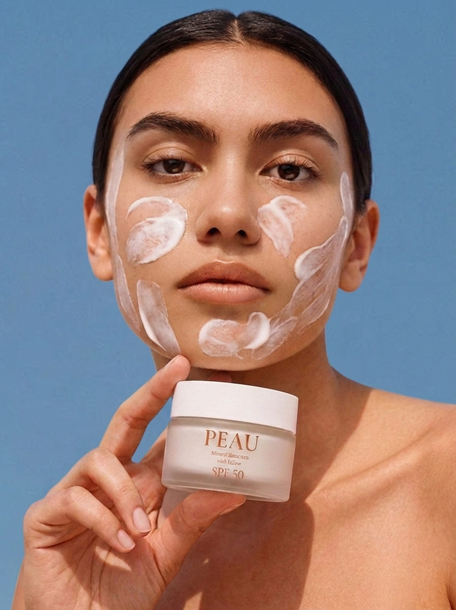 PEAU mineral sunscreen on skin — no white cast